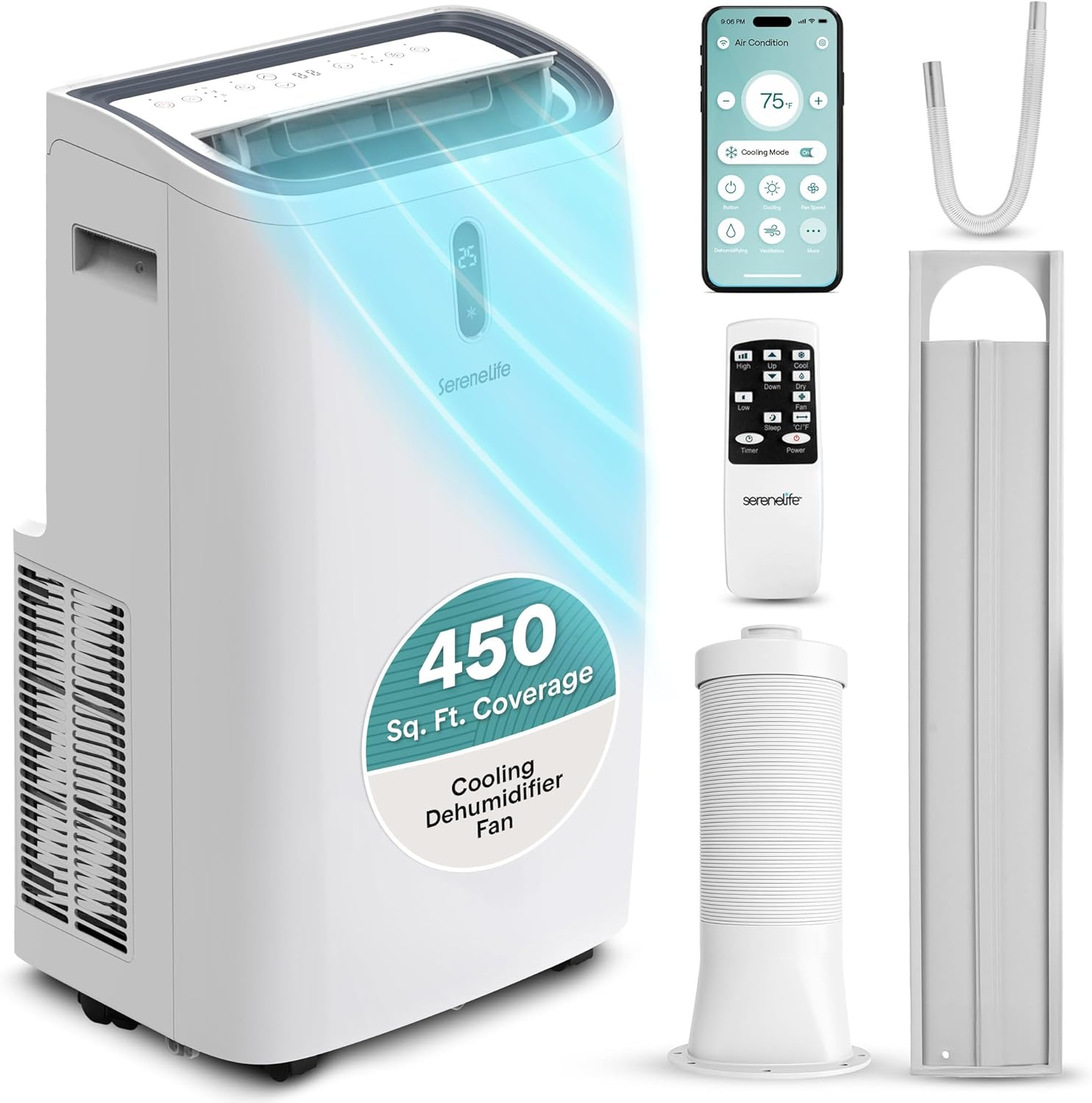 12000 BTU Smart Portable Air Conditioner with Wi-Fi, Dehumidifier, Fan, Remote Control & Window Kit