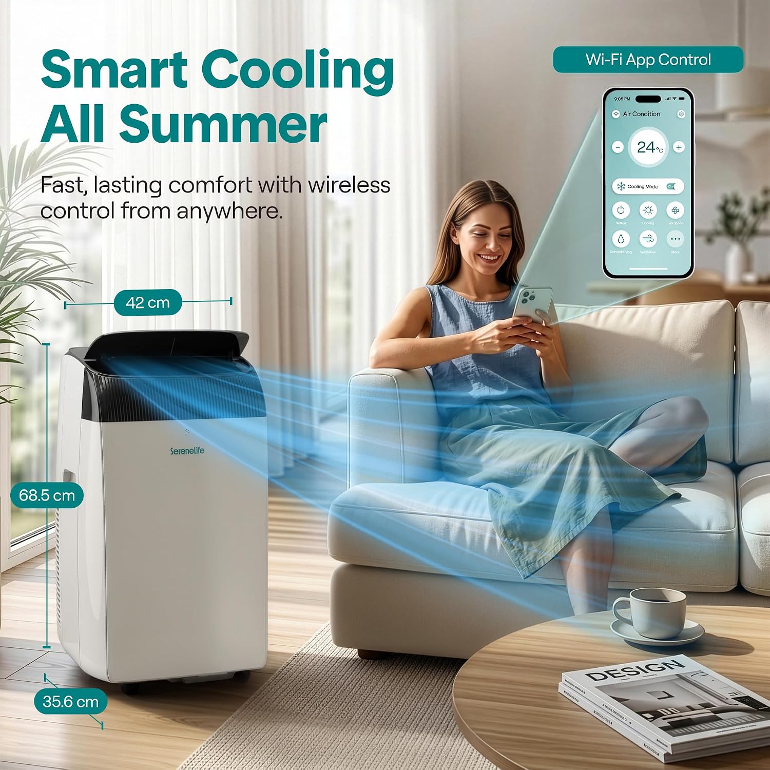12000 BTU Smart Portable Air Conditioner with Wi-Fi, Dehumidifier, Fan, Sleep Mode & Remote Control