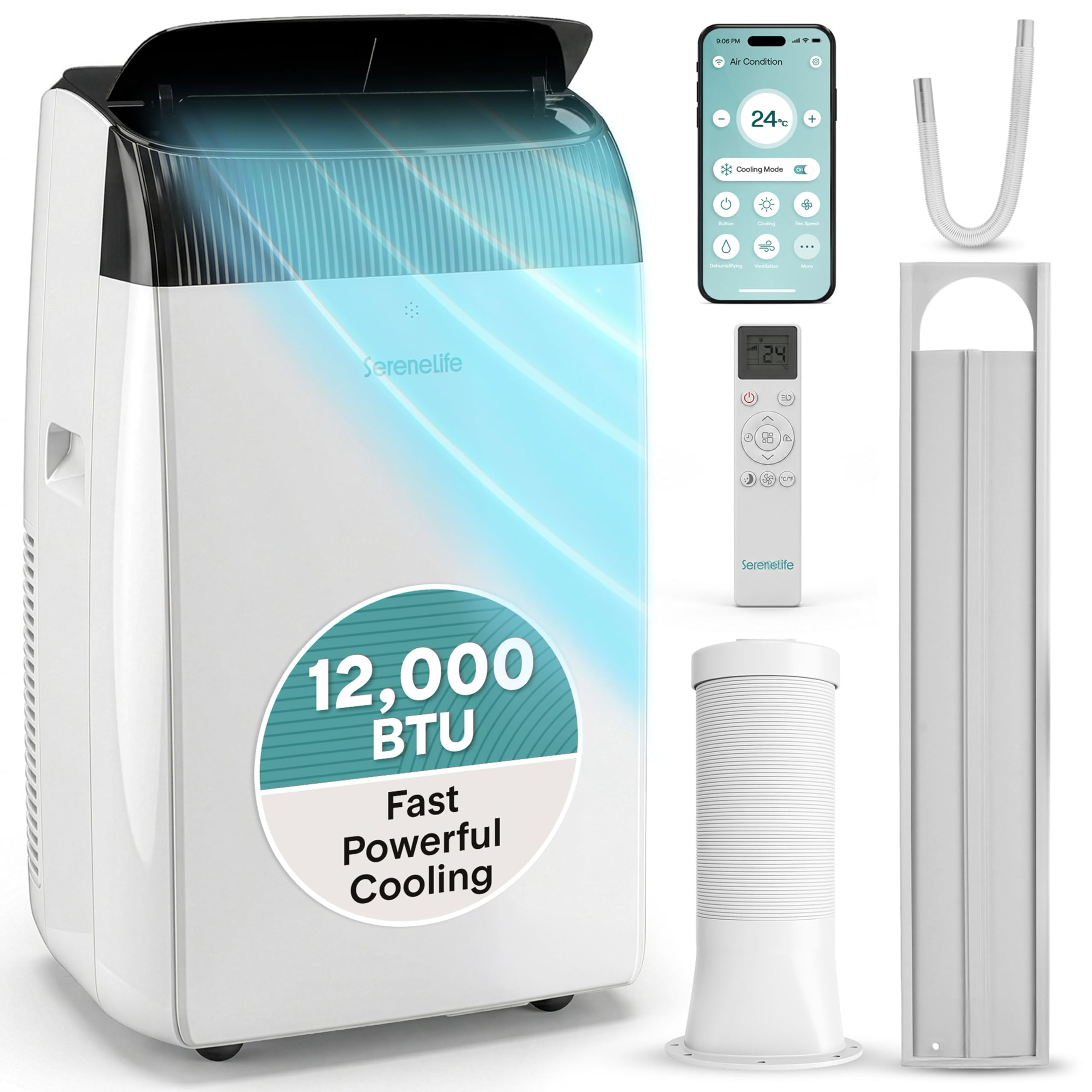 12000 BTU Smart Portable Air Conditioner with Wi-Fi, Dehumidifier, Fan, Sleep Mode & Remote Control