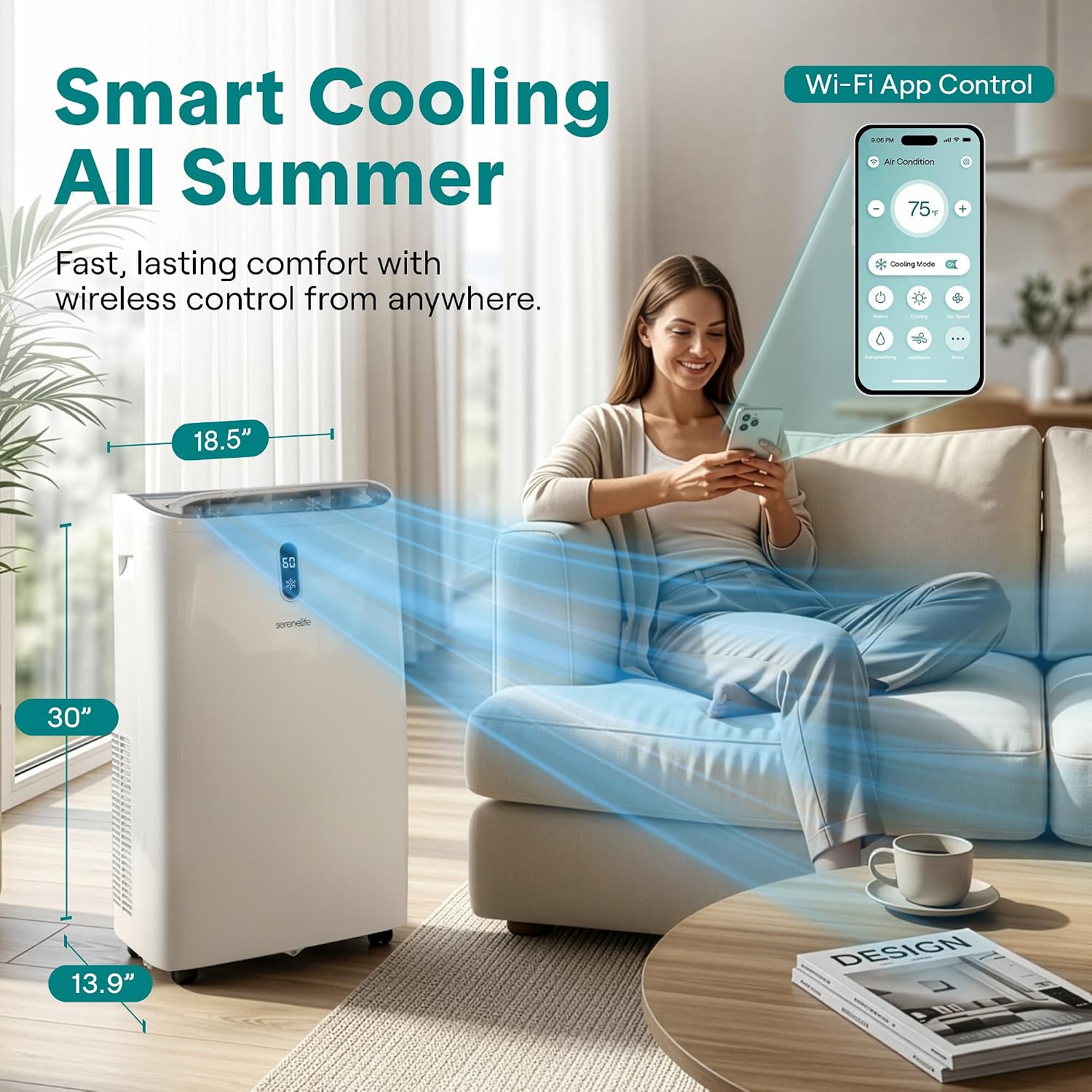 12000 BTU Smart Portable Air Conditioner with Wi-Fi, Dehumidifier, Fan, Remote Control & Window Kit